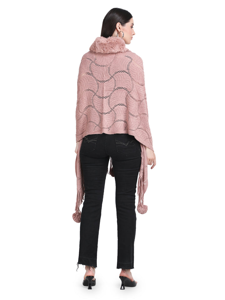 Dusty Pink Pearl Beads & Faux Fur Poncho - 149 (Free Size)
