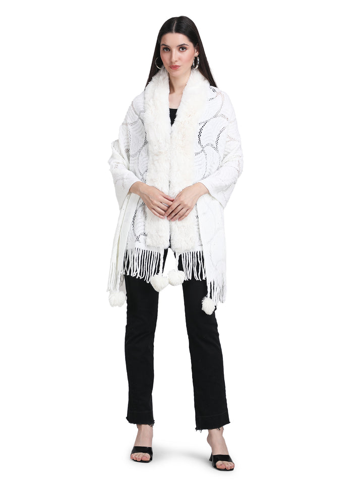 White Pearl Beads & Faux Fur Poncho - 150 (Free Size)