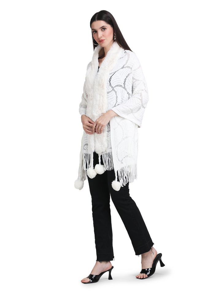 White Pearl Beads & Faux Fur Poncho - 150 (Free Size)