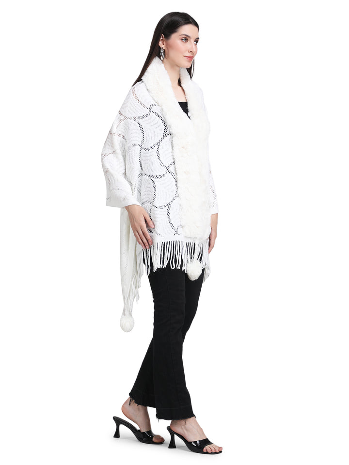 White Pearl Beads & Faux Fur Poncho - 150 (Free Size)
