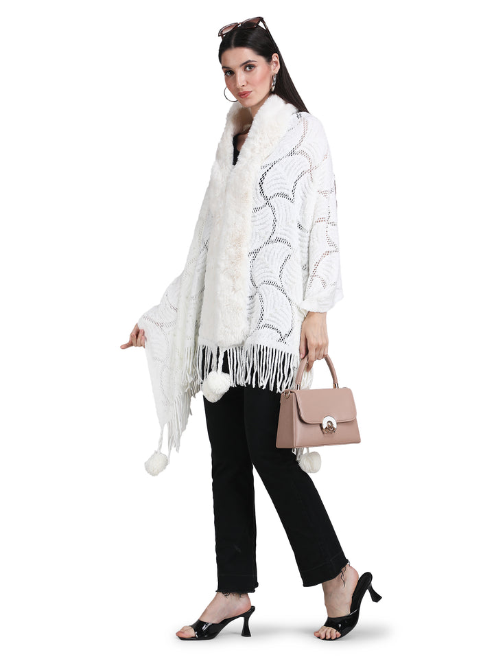 White Pearl Beads & Faux Fur Poncho - 150 (Free Size)