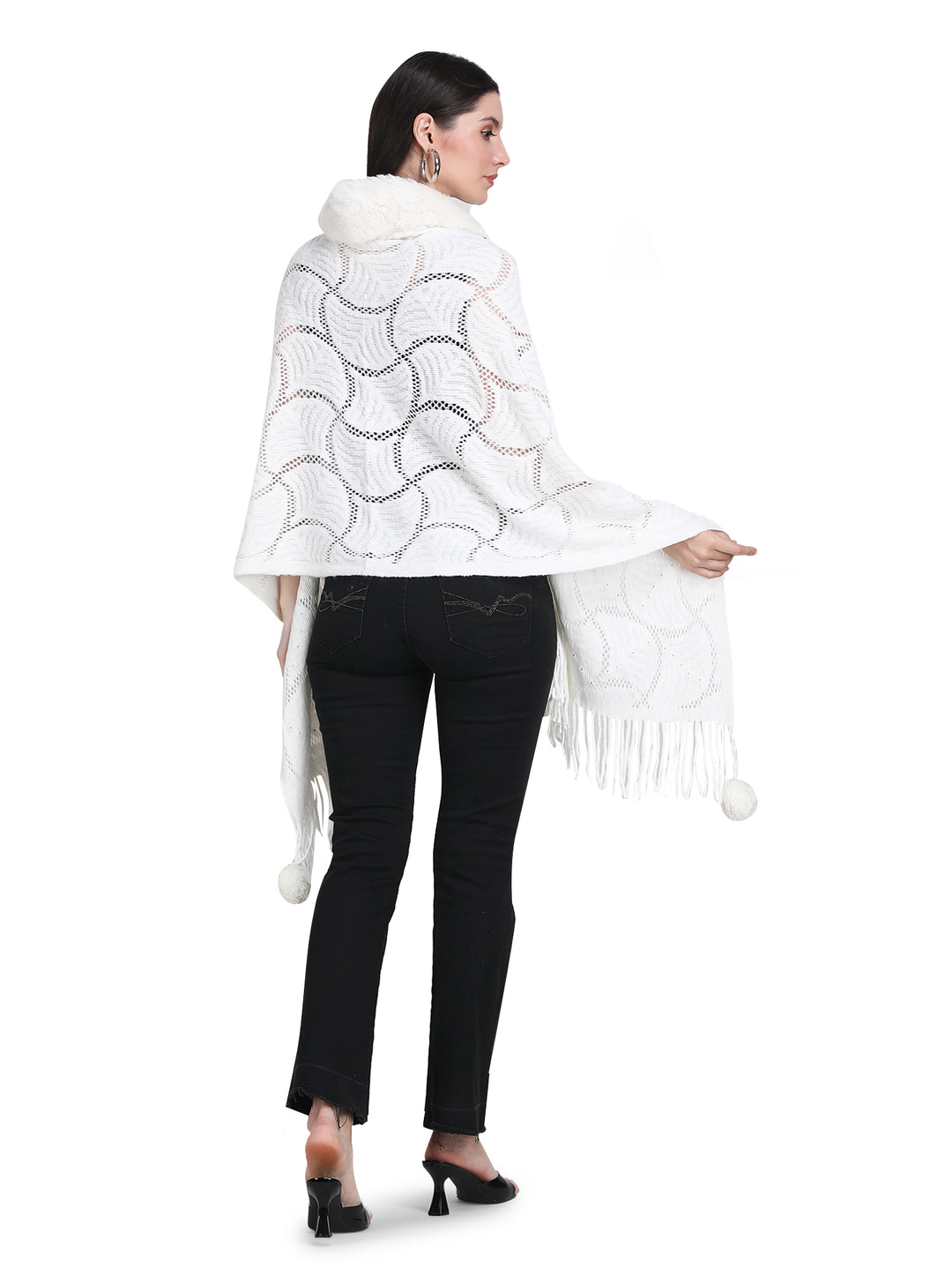White Pearl Beads & Faux Fur Poncho - 150 (Free Size)