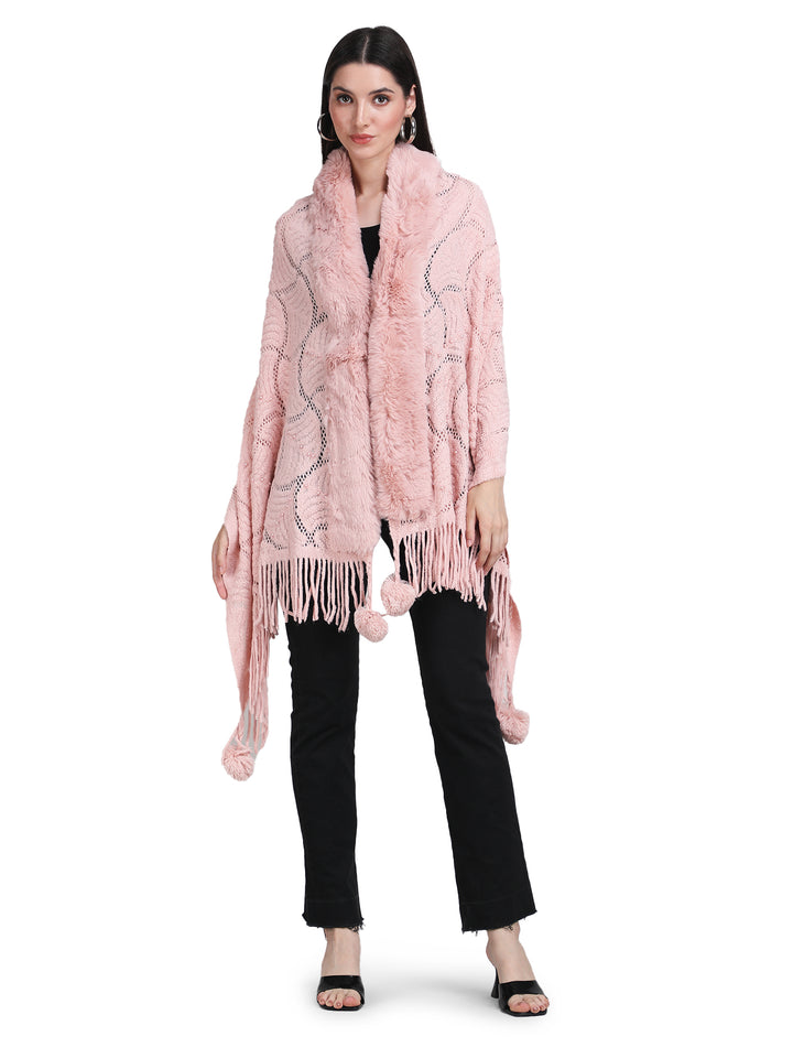 Baby Pink Pearl Beads & Faux Fur Poncho - 151 (Free Size)