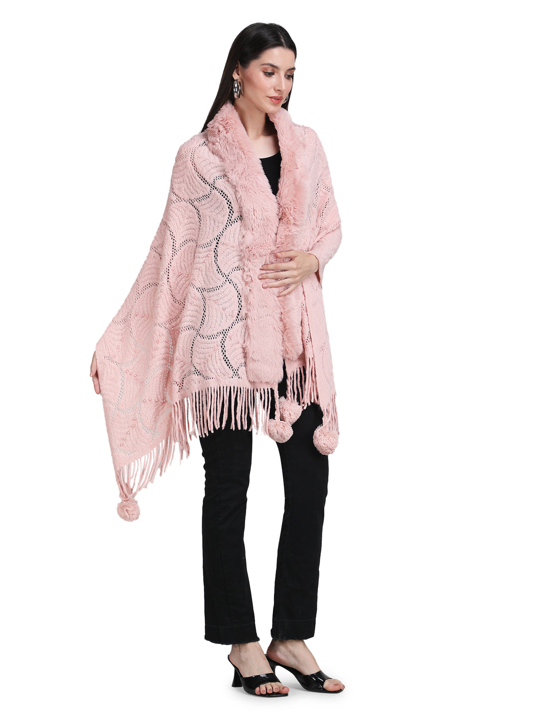Baby Pink Pearl Beads & Faux Fur Poncho - 151 (Free Size)