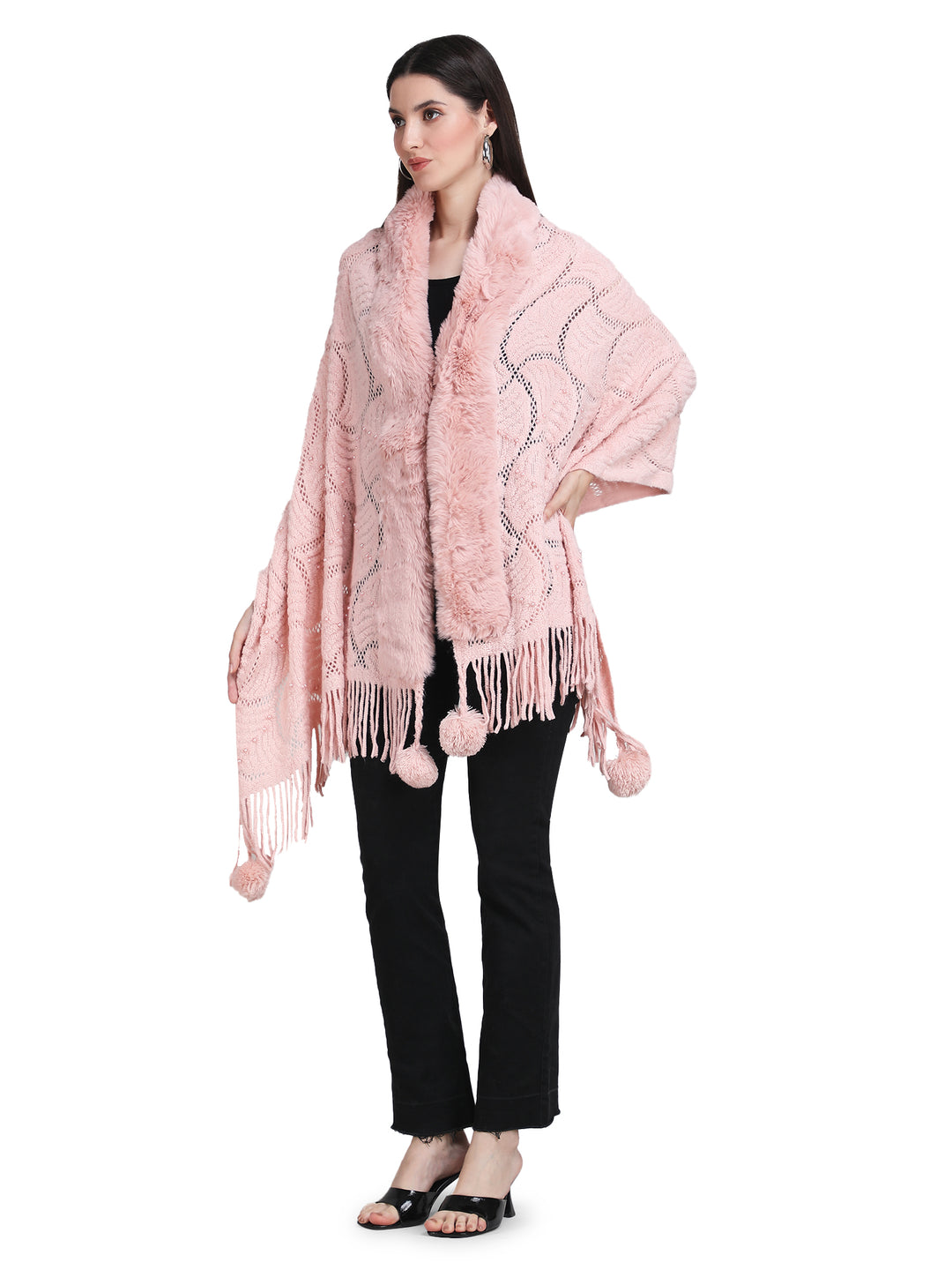 Baby Pink Pearl Beads & Faux Fur Poncho - 151 (Free Size)