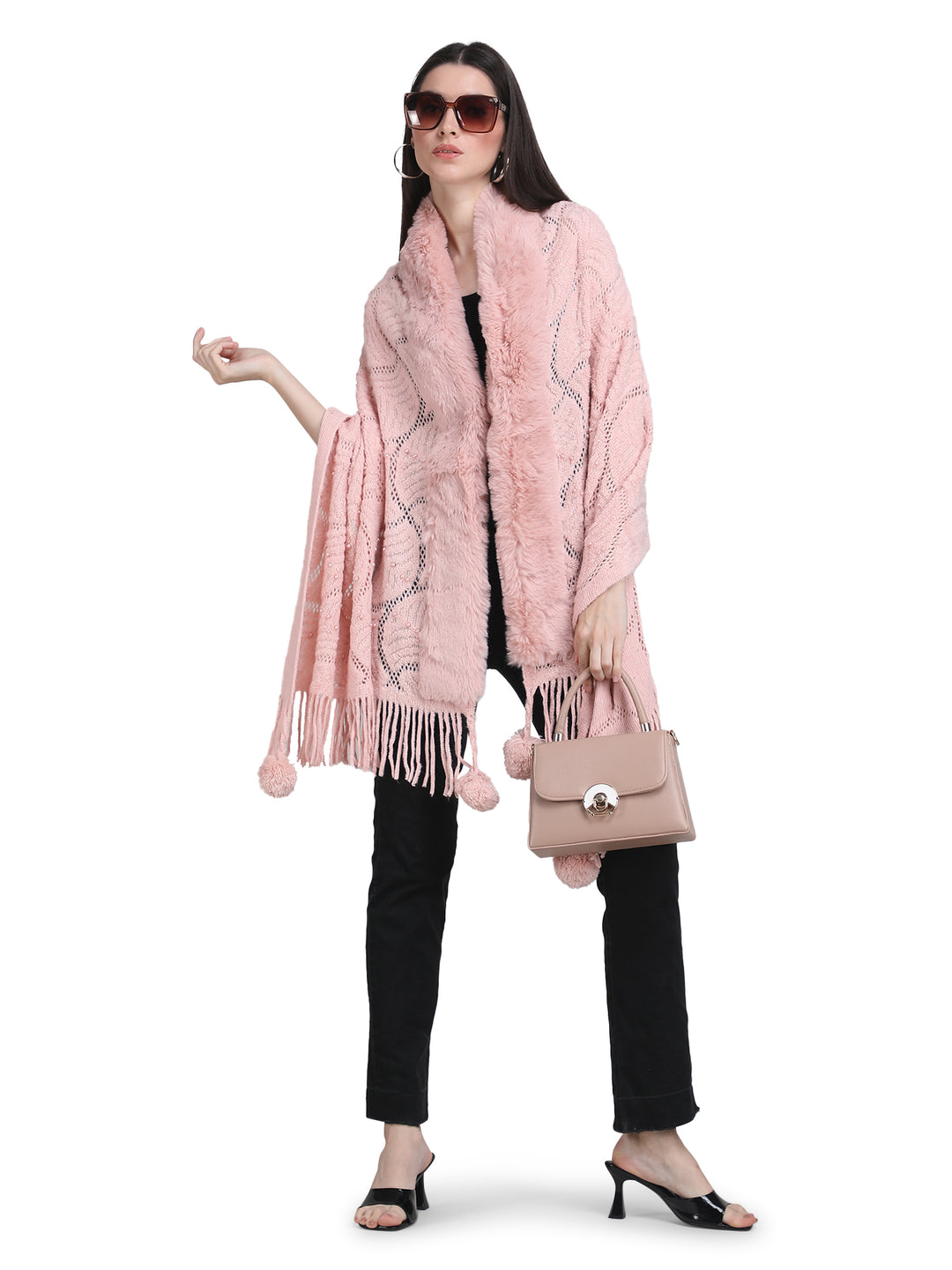 Baby Pink Pearl Beads & Faux Fur Poncho - 151 (Free Size)
