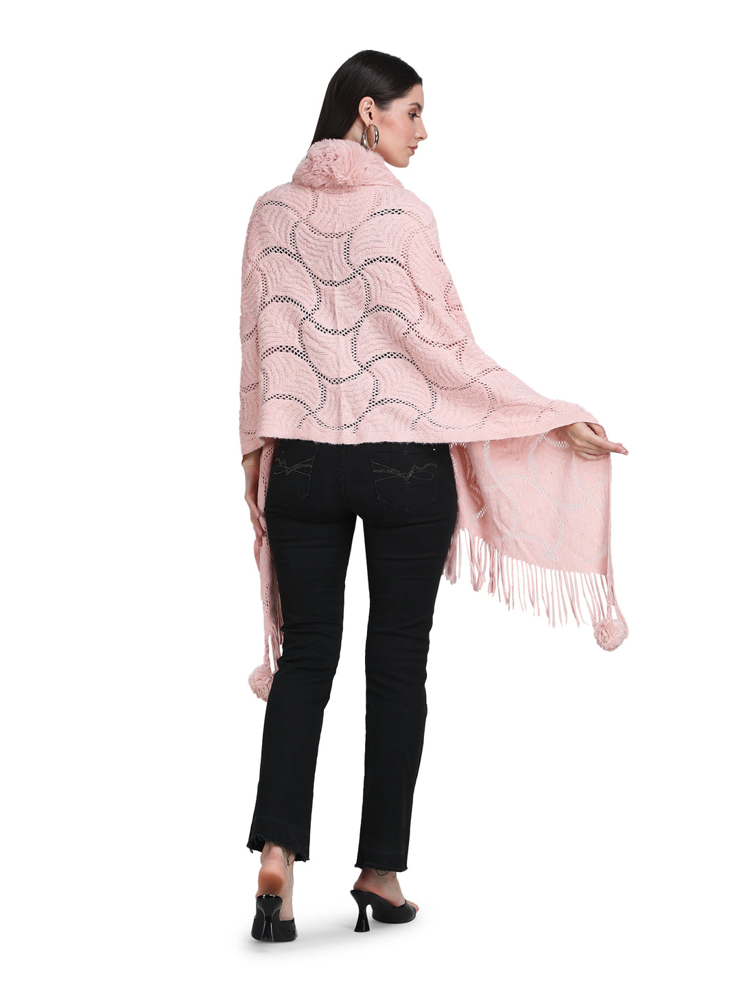 Baby Pink Pearl Beads & Faux Fur Poncho - 151 (Free Size)