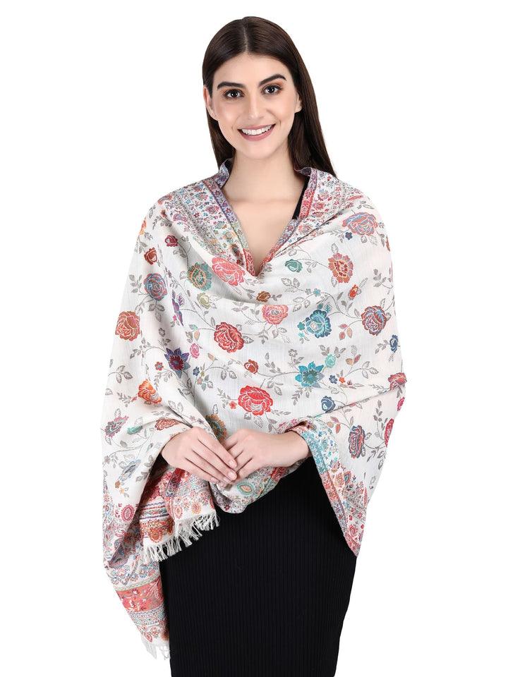 Woven 100% Fine Wool Shawl - White Kani