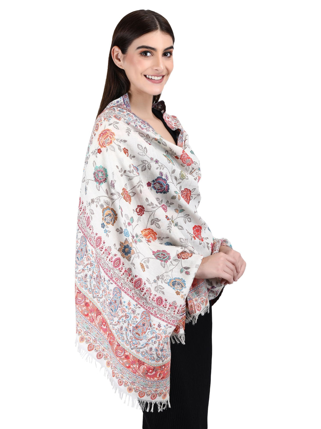 Woven 100% Fine Wool Shawl - White Kani