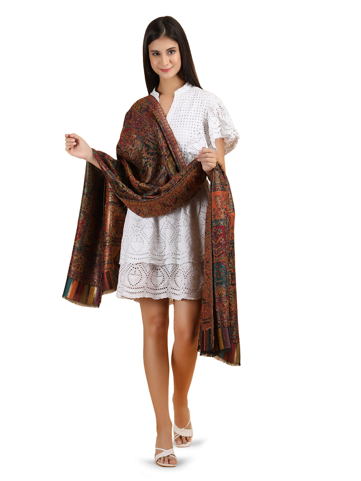 Mughal Darbar Modal Wool Stole  - Black- 306