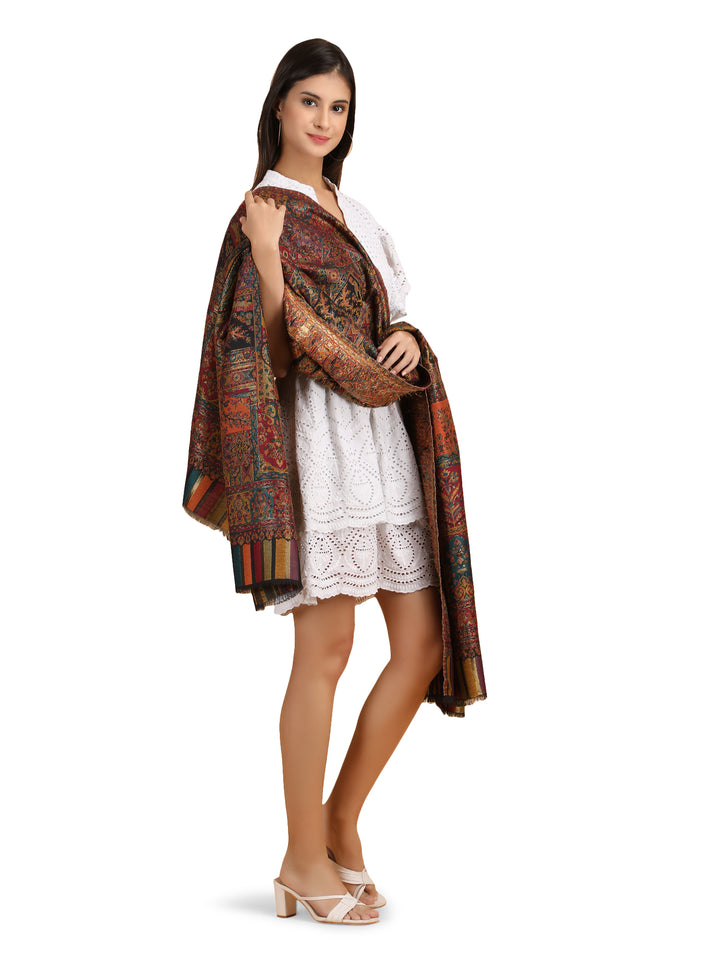 Mughal Darbar Modal Wool Stole  - Black- 306
