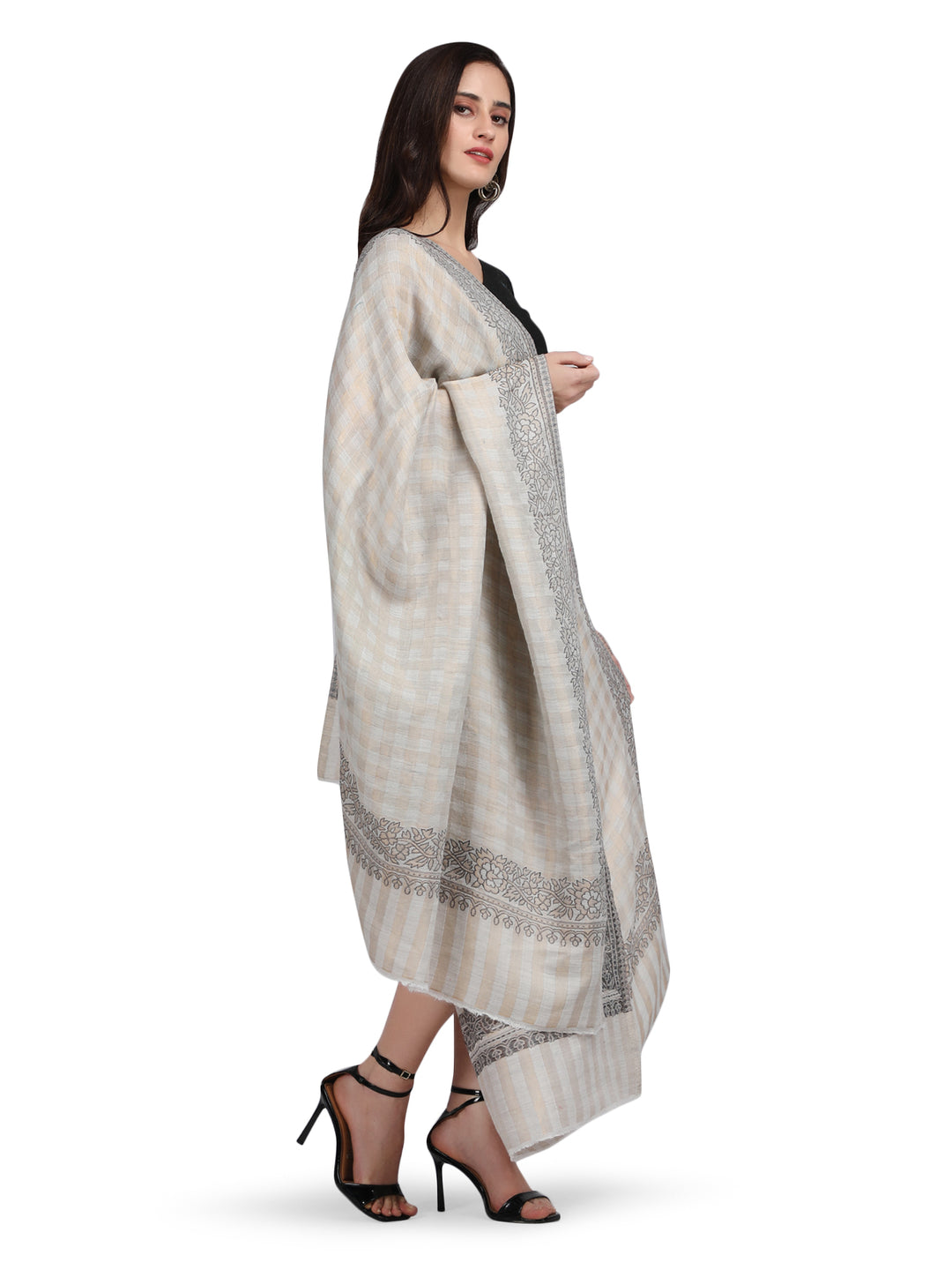 Ivory Zari Checks 100% Fine Wool Reversible Shawl- 133