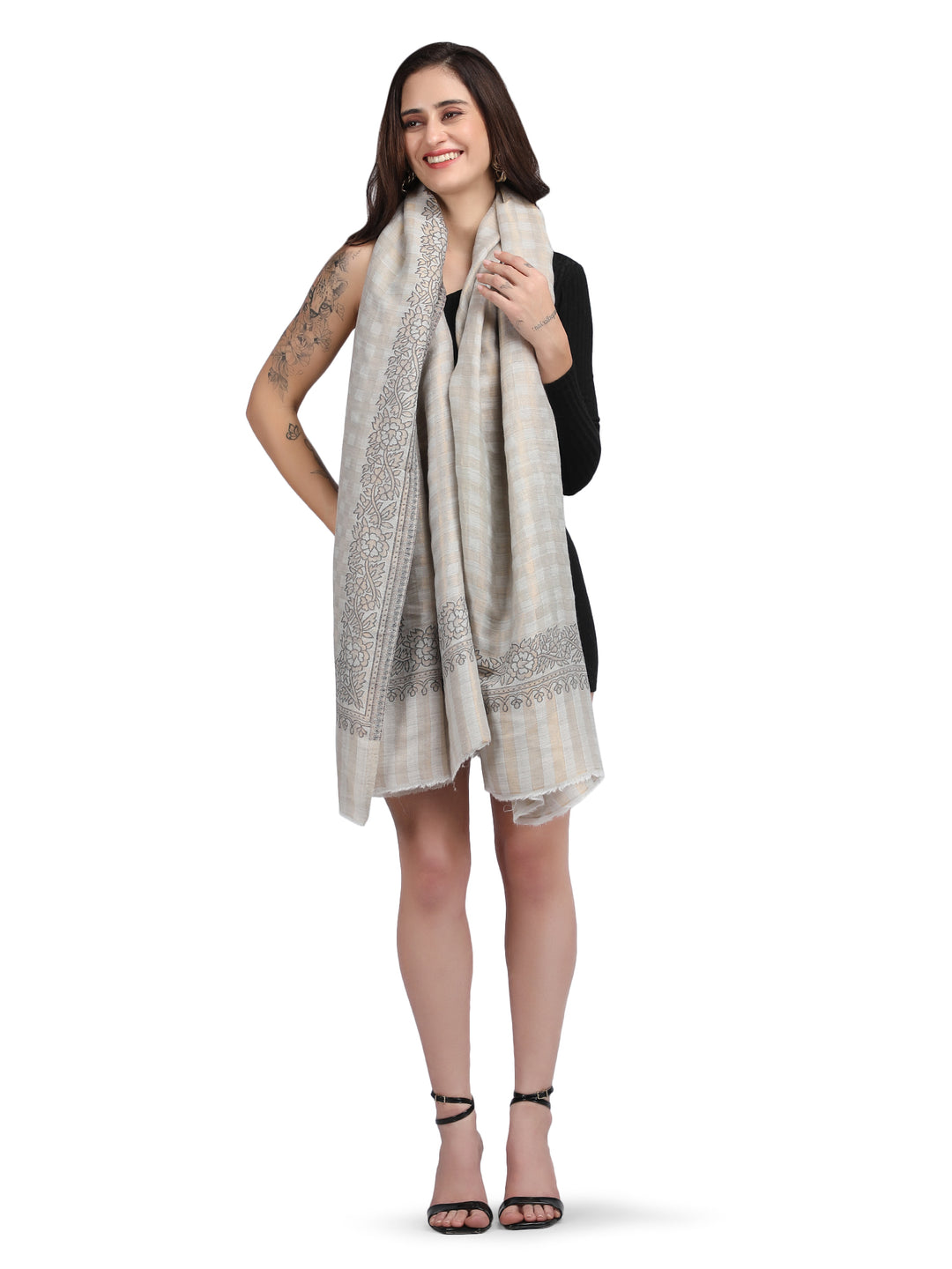 Ivory Zari Checks 100% Fine Wool Reversible Shawl- 133