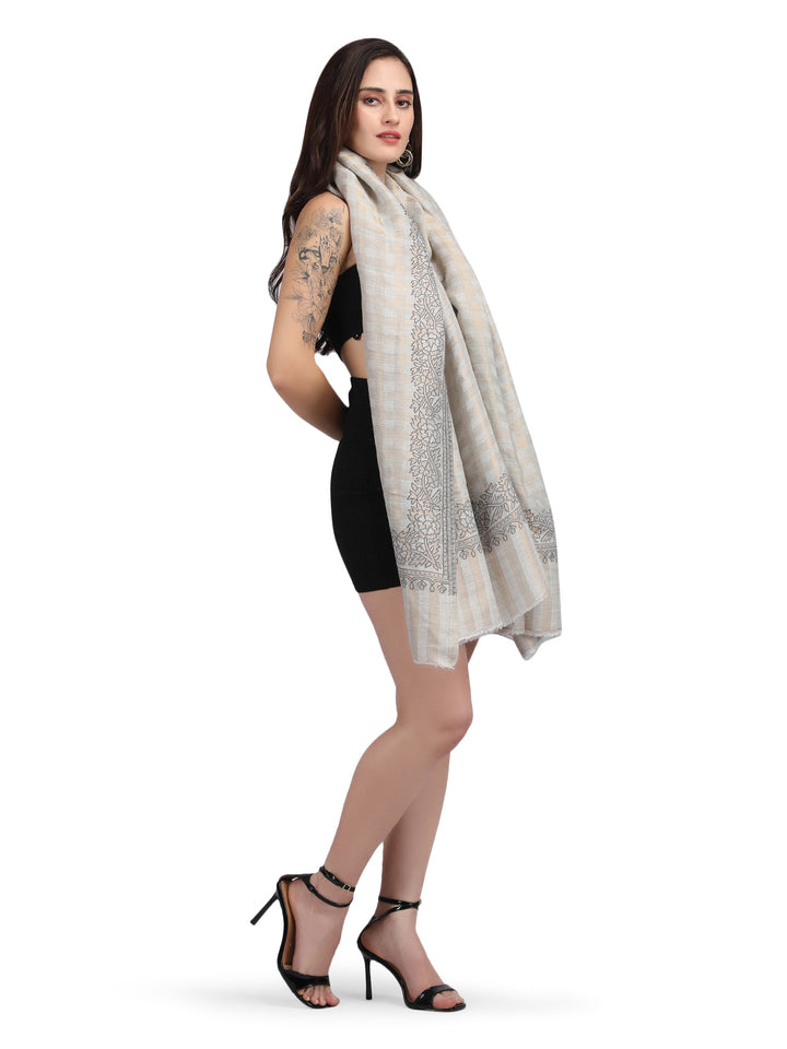 Ivory Zari Checks 100% Fine Wool Reversible Shawl- 133