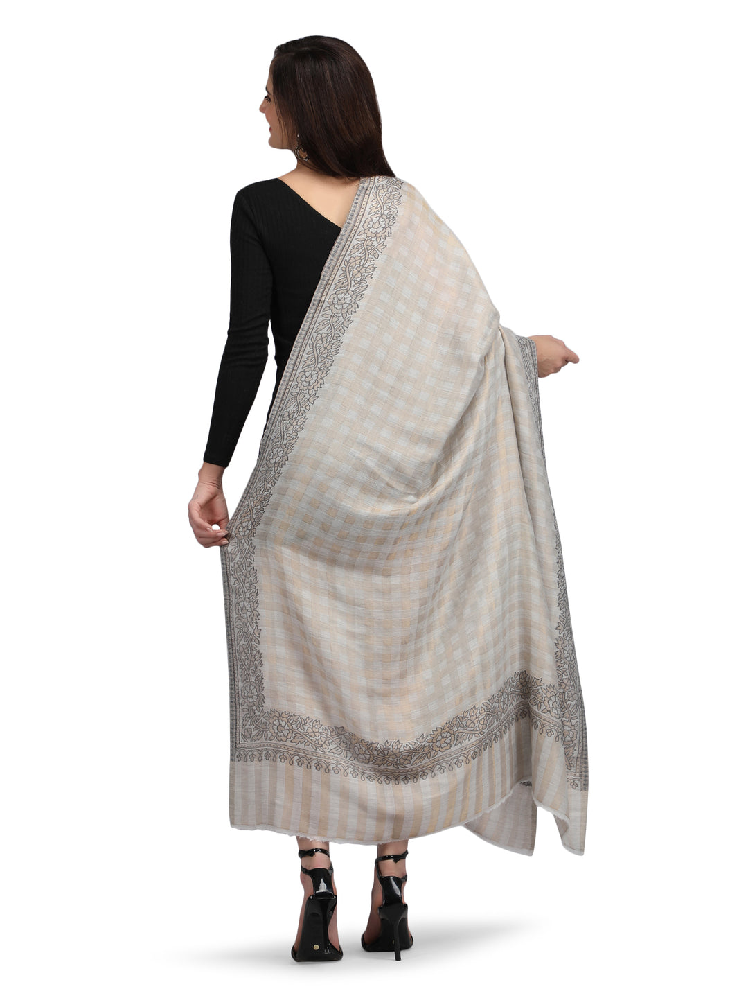 Ivory Zari Checks 100% Fine Wool Reversible Shawl- 133