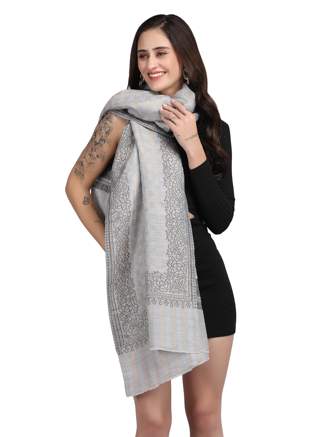 Light Grey Zari Checks Reversible Shawl- 134