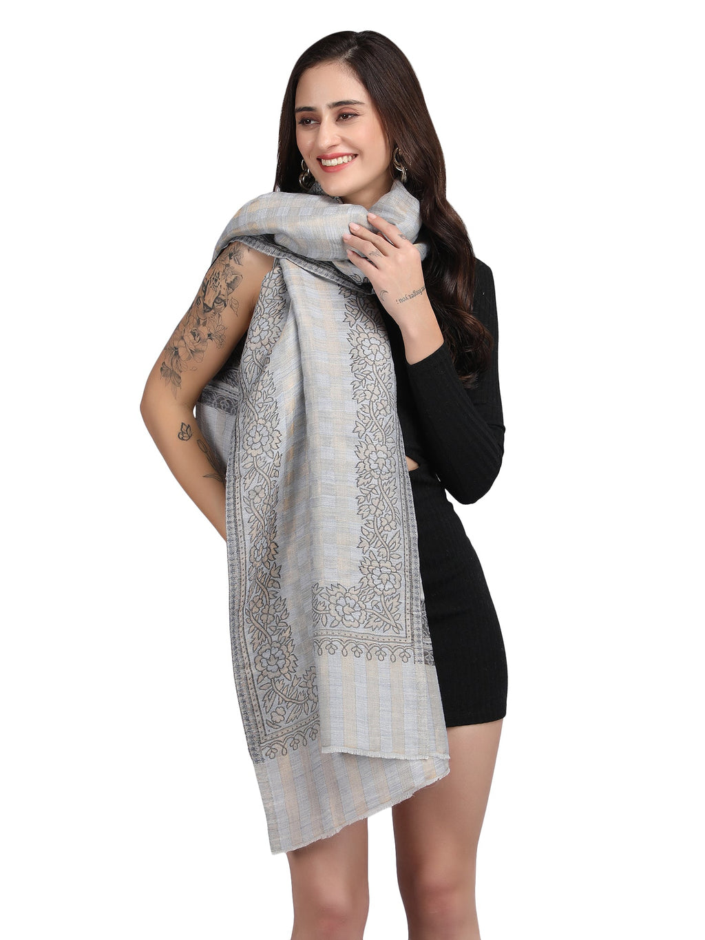 Light Grey Zari Checks Reversible Shawl- 134