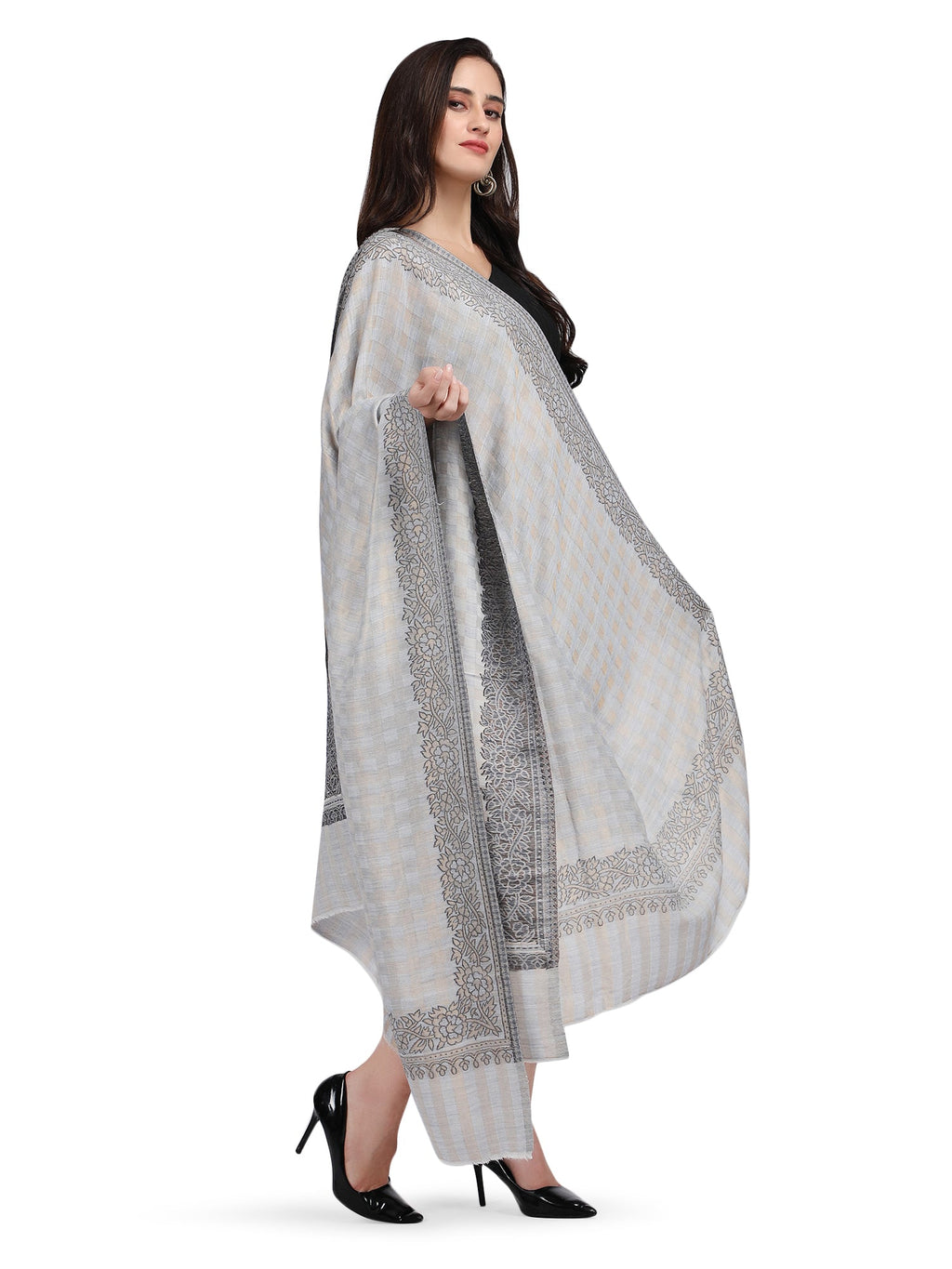 Light Grey Zari Checks Reversible Shawl- 134