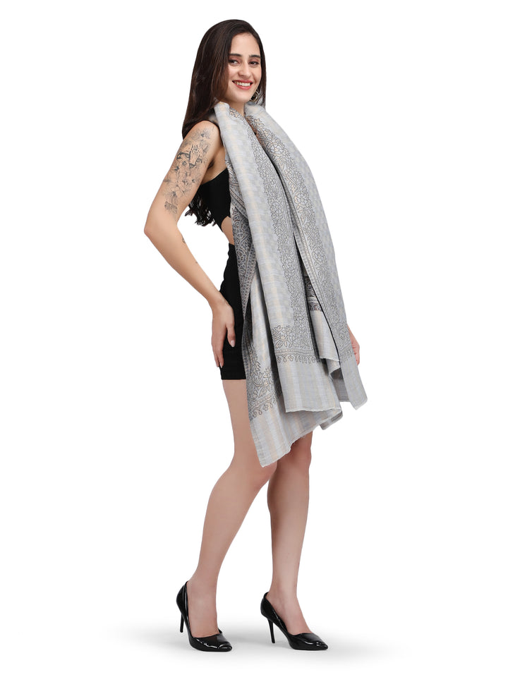 Light Grey Zari Checks Reversible Shawl- 134