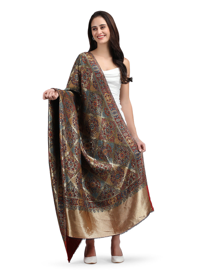 Red Noor Zari 100% Fine Wool Reversible Shawl - 141