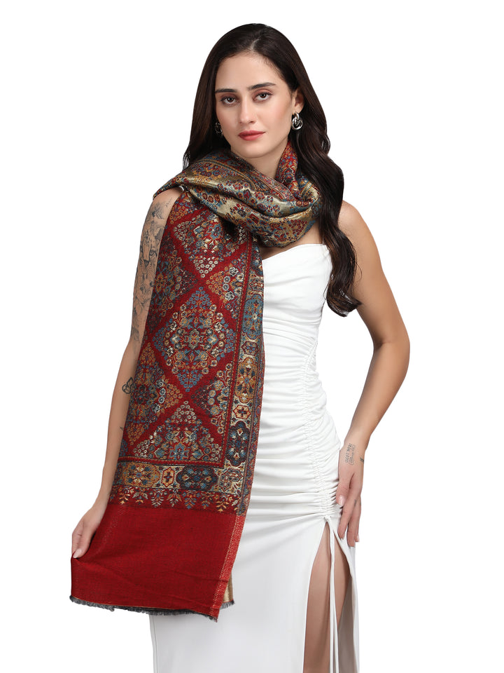 Red Noor Zari 100% Fine Wool Reversible Shawl - 141