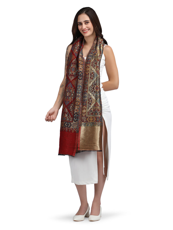 Red Noor Zari 100% Fine Wool Reversible Shawl - 141