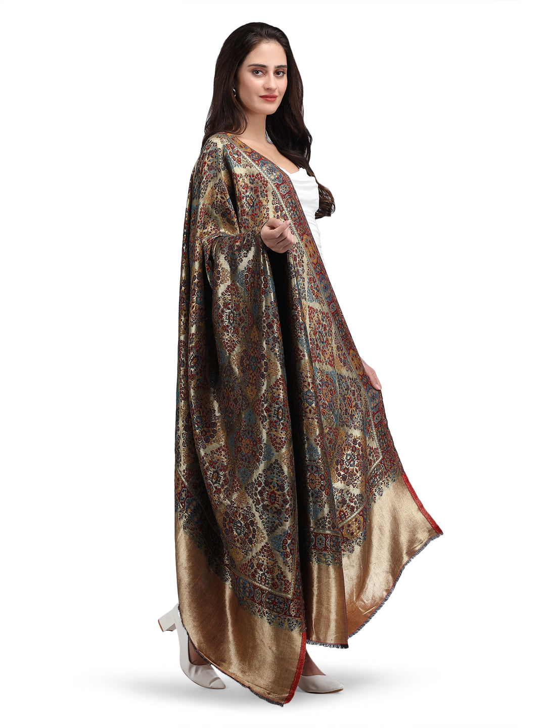 Red Noor Zari 100% Fine Wool Reversible Shawl - 141