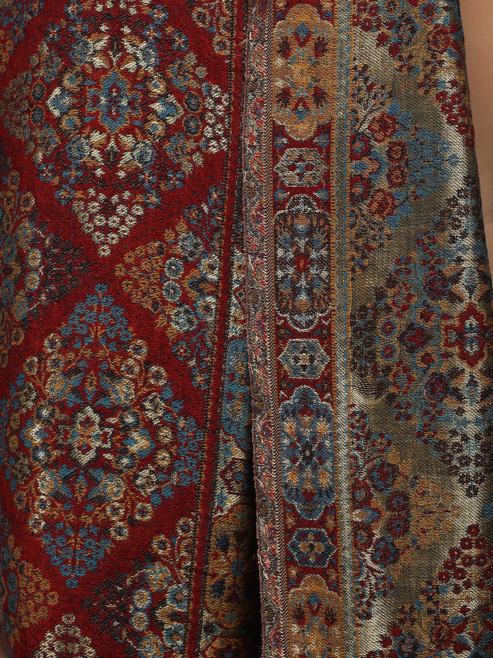Red Noor Zari 100% Fine Wool Reversible Shawl - 141
