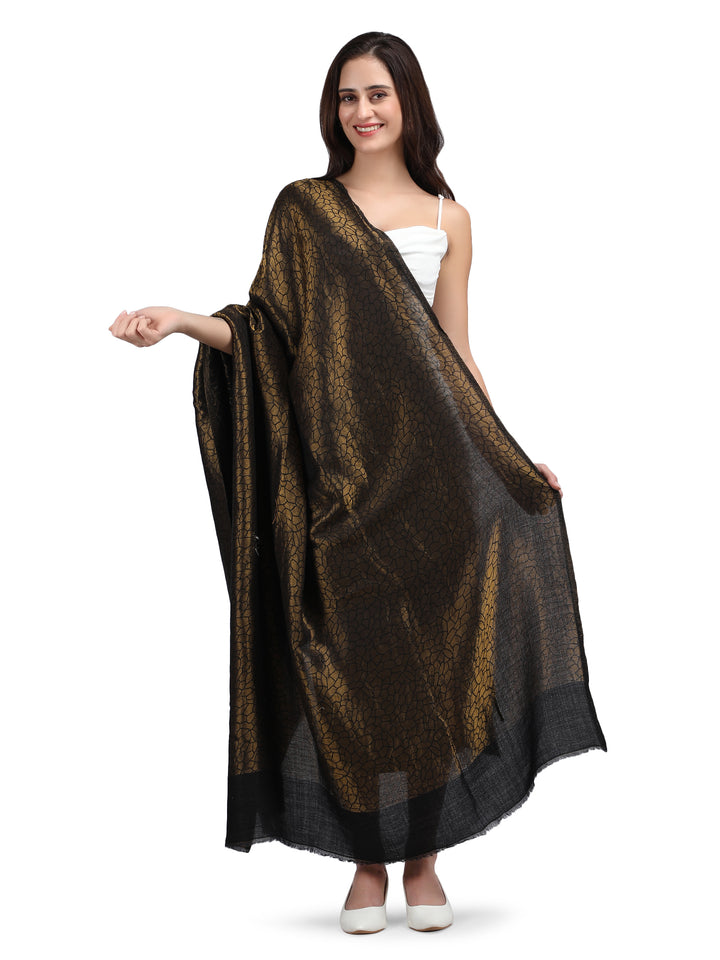 Black Animal Zari Reversible 100% Fine Wool Shawl - 142