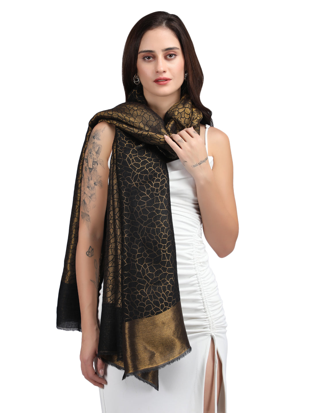 Black Animal Zari Reversible 100% Fine Wool Shawl - 142