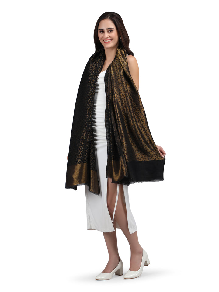 Black Animal Zari Reversible 100% Fine Wool Shawl - 142