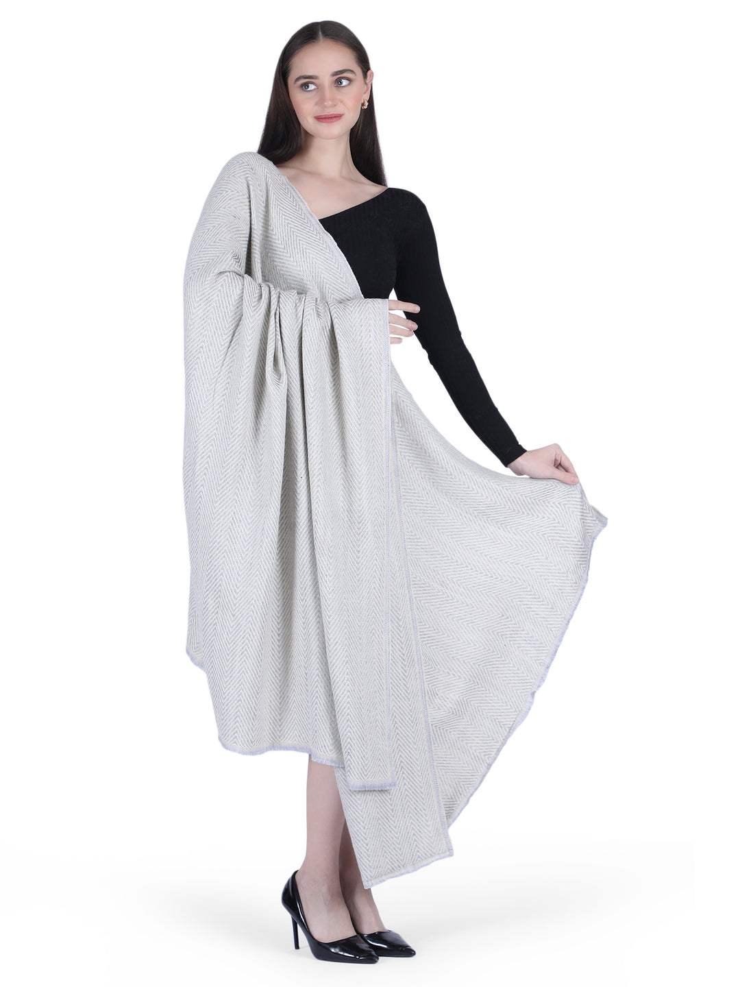 Him/Her Herringbone Mix Wool Stole - Cream- 120