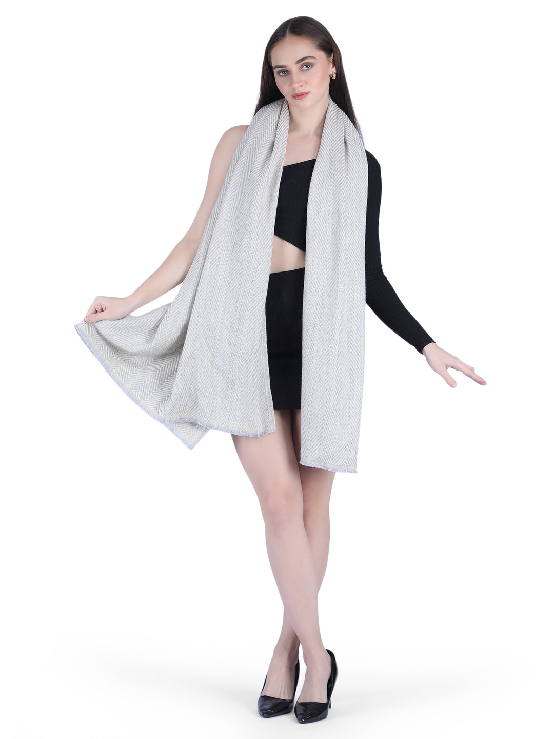 Him/Her Herringbone Mix Wool Stole - Cream- 120
