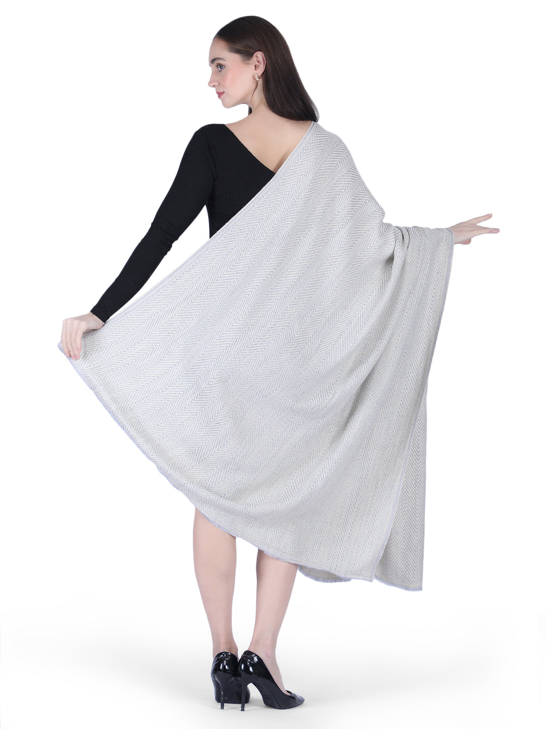 Him/Her Herringbone Mix Wool Stole - Cream- 120