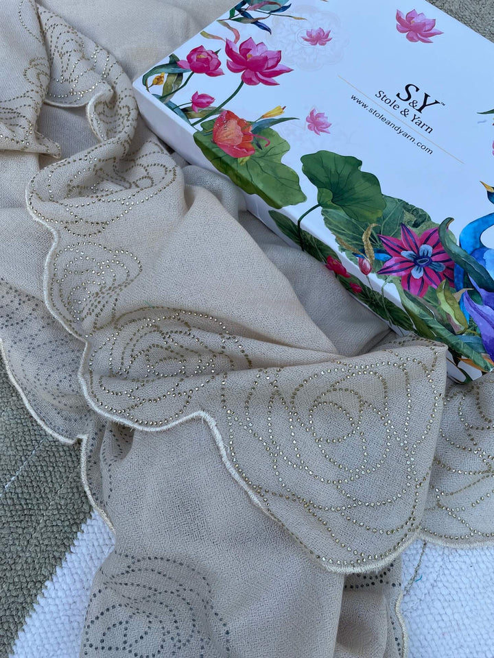 Beige Crystal Rose Scallop 100% Fine Wool Stole- 134