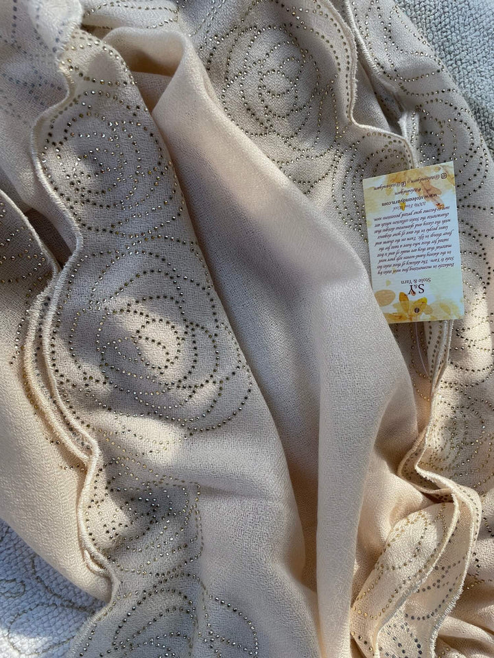 Beige Crystal Rose Scallop 100% Fine Wool Stole- 134