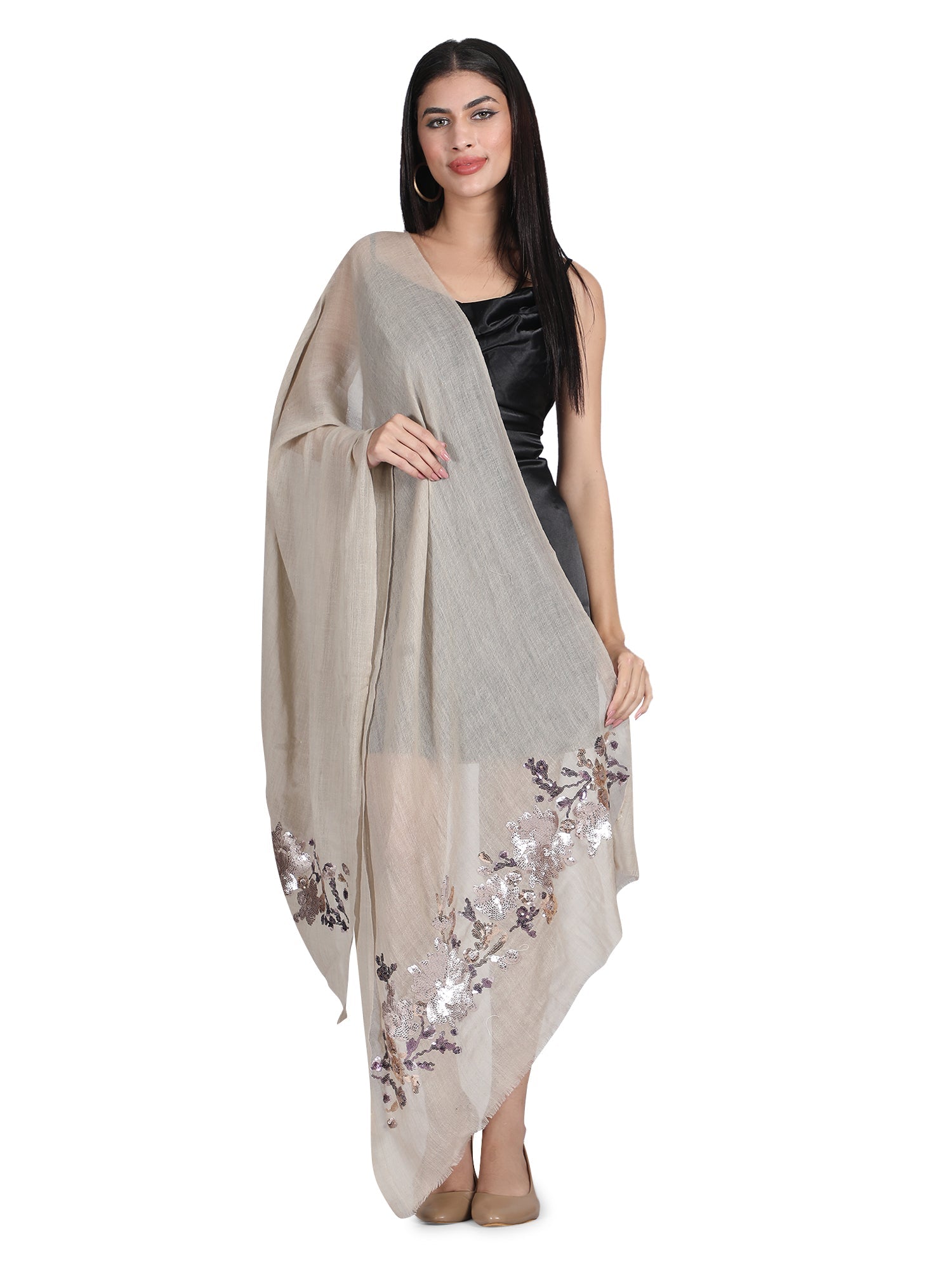 Light Cocoa Floral Sequins Fine Wool Stole - 151