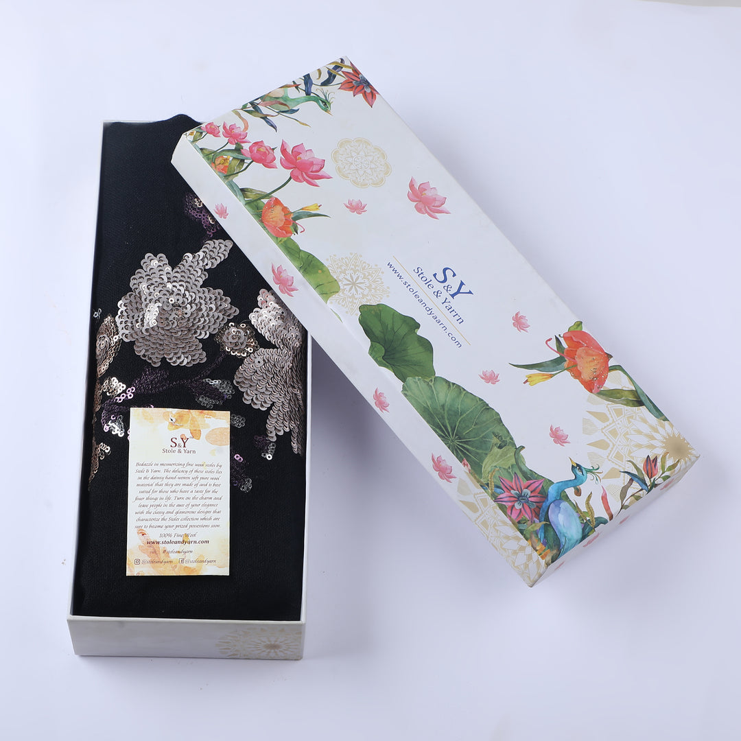 Black Floral Boquet 100% Fine Wool Stole- 349