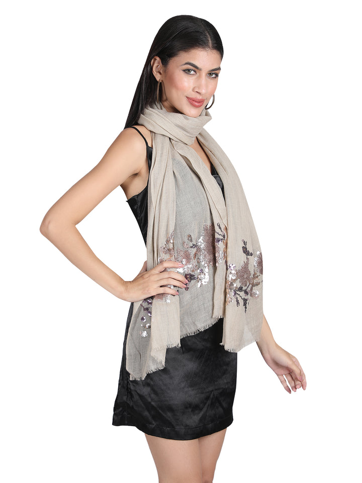 Light Cocoa Floral Sequins Fine Wool Stole - 151
