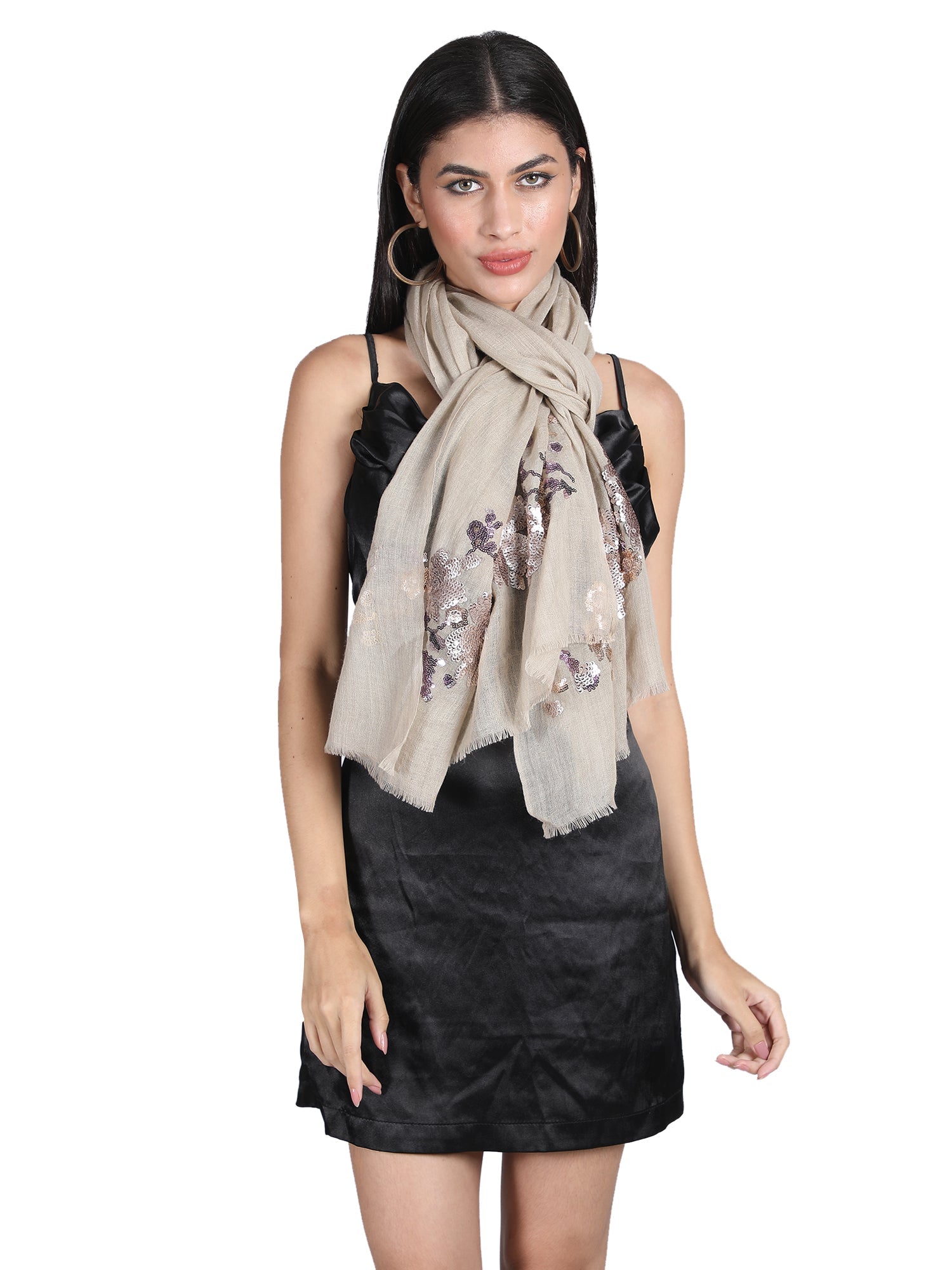 Light Cocoa Floral Sequins Fine Wool Stole - 151