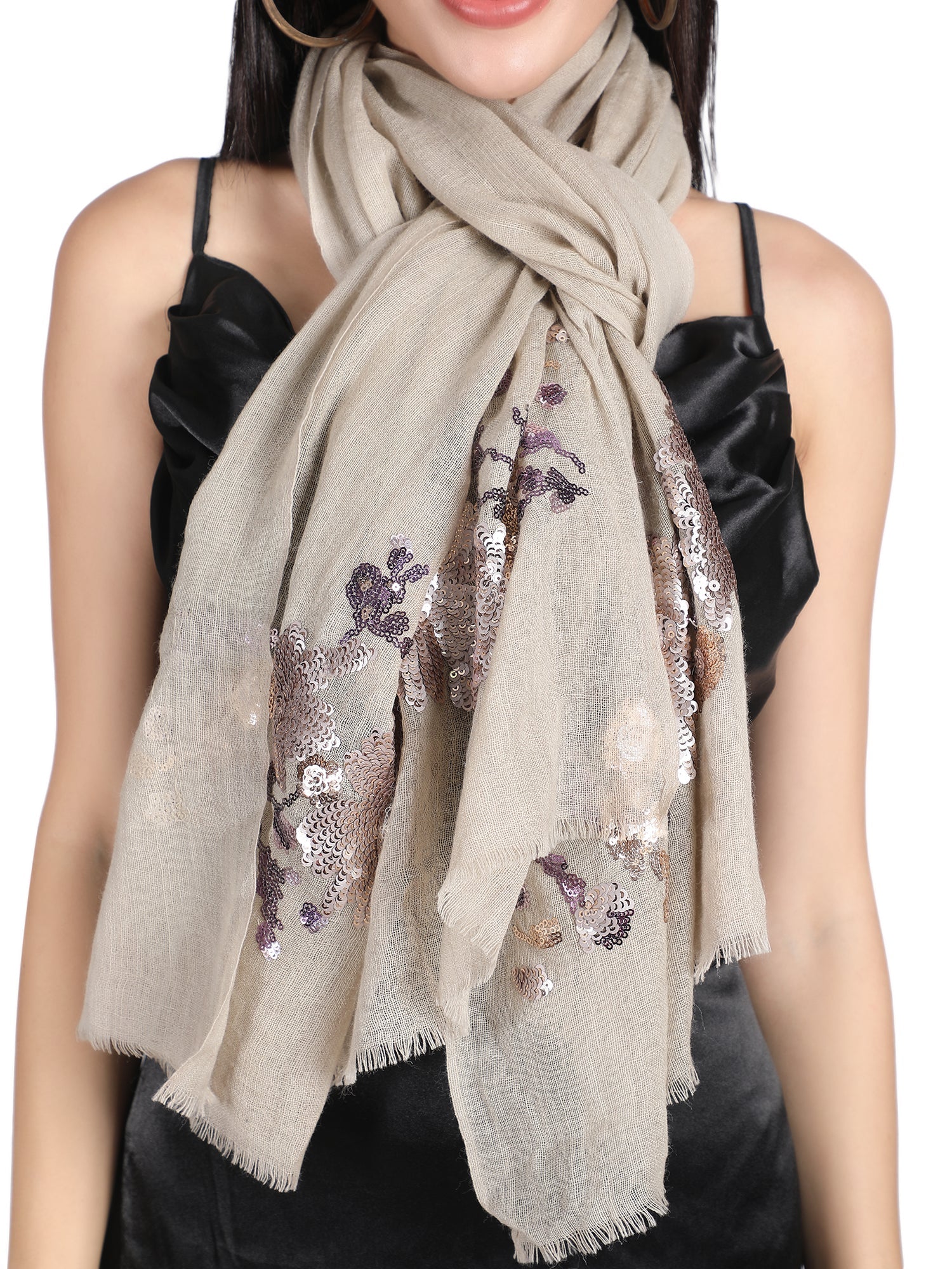 Light Cocoa Floral Sequins Fine Wool Stole - 151
