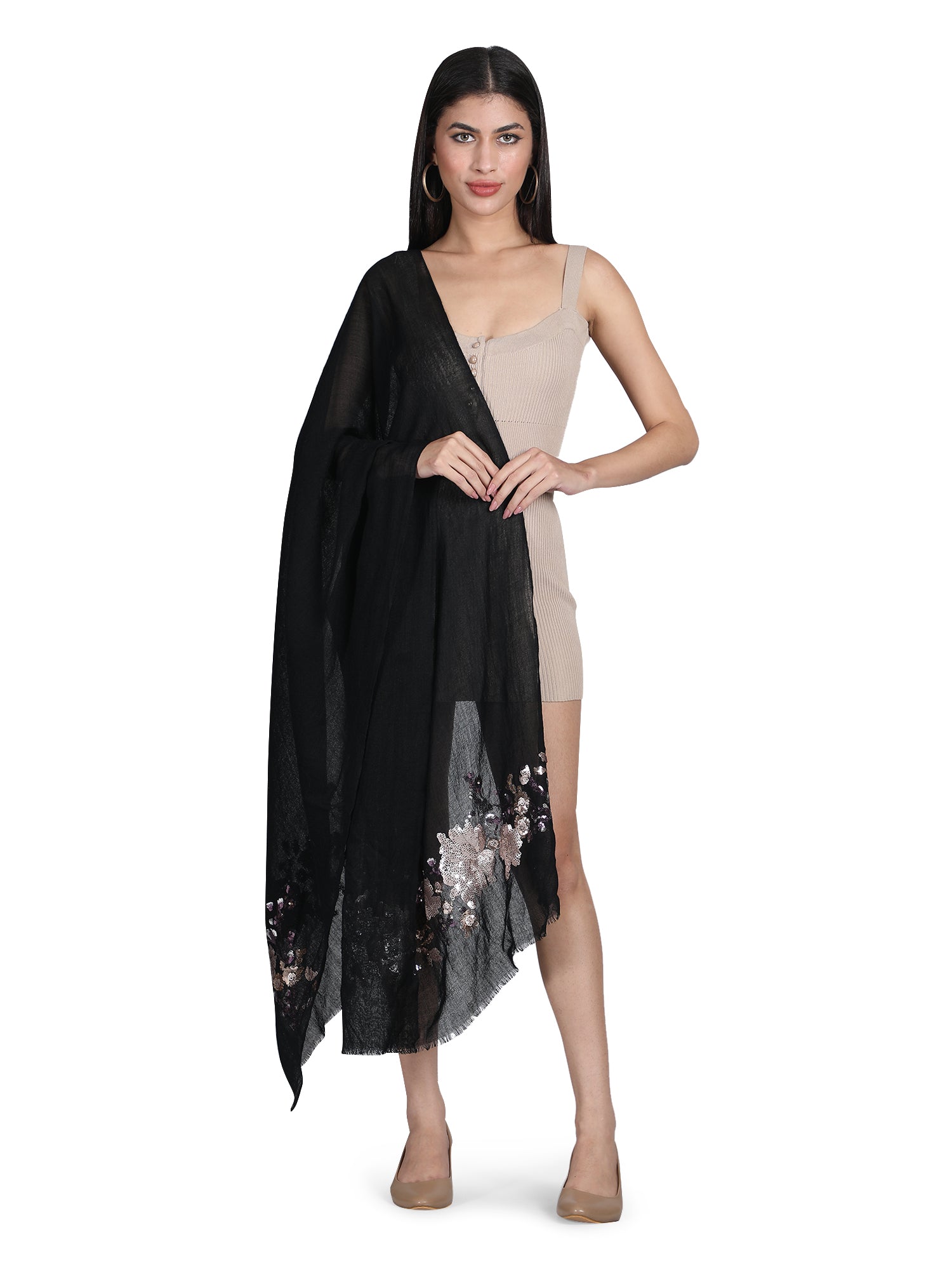 Black Floral Sequins Fine Wool Stole - 152