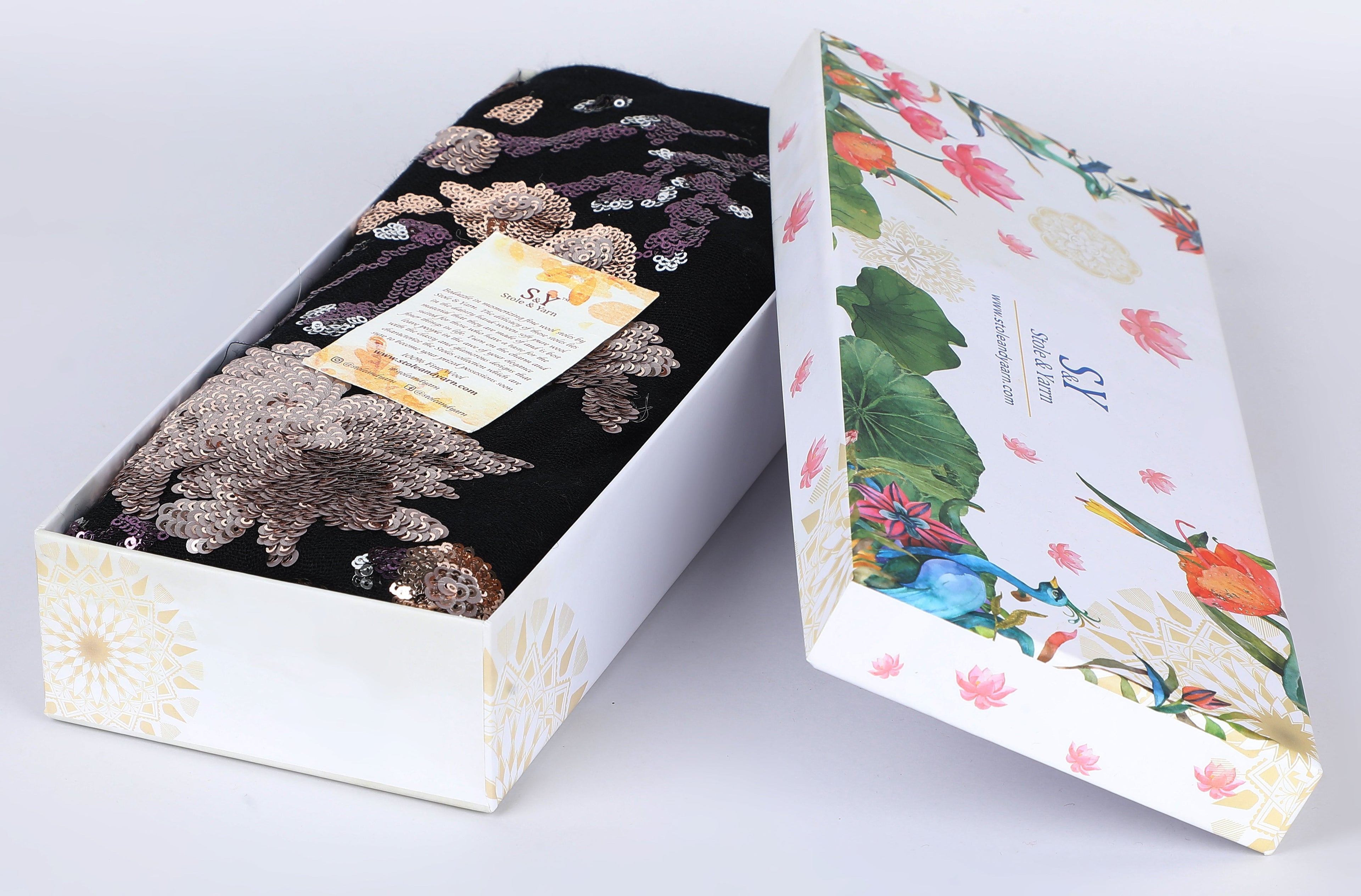 Black Floral Sequins Fine Wool Stole - 152