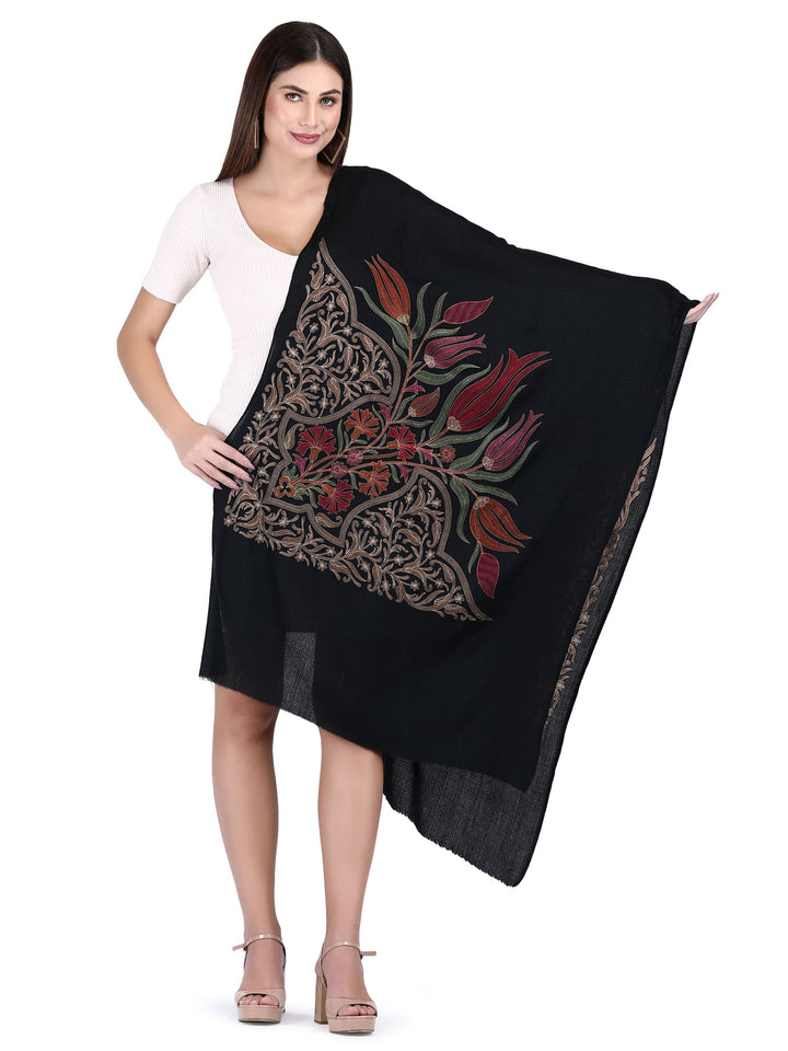 Black Kashmiri Weave Aari Fine Wool Stole- 180