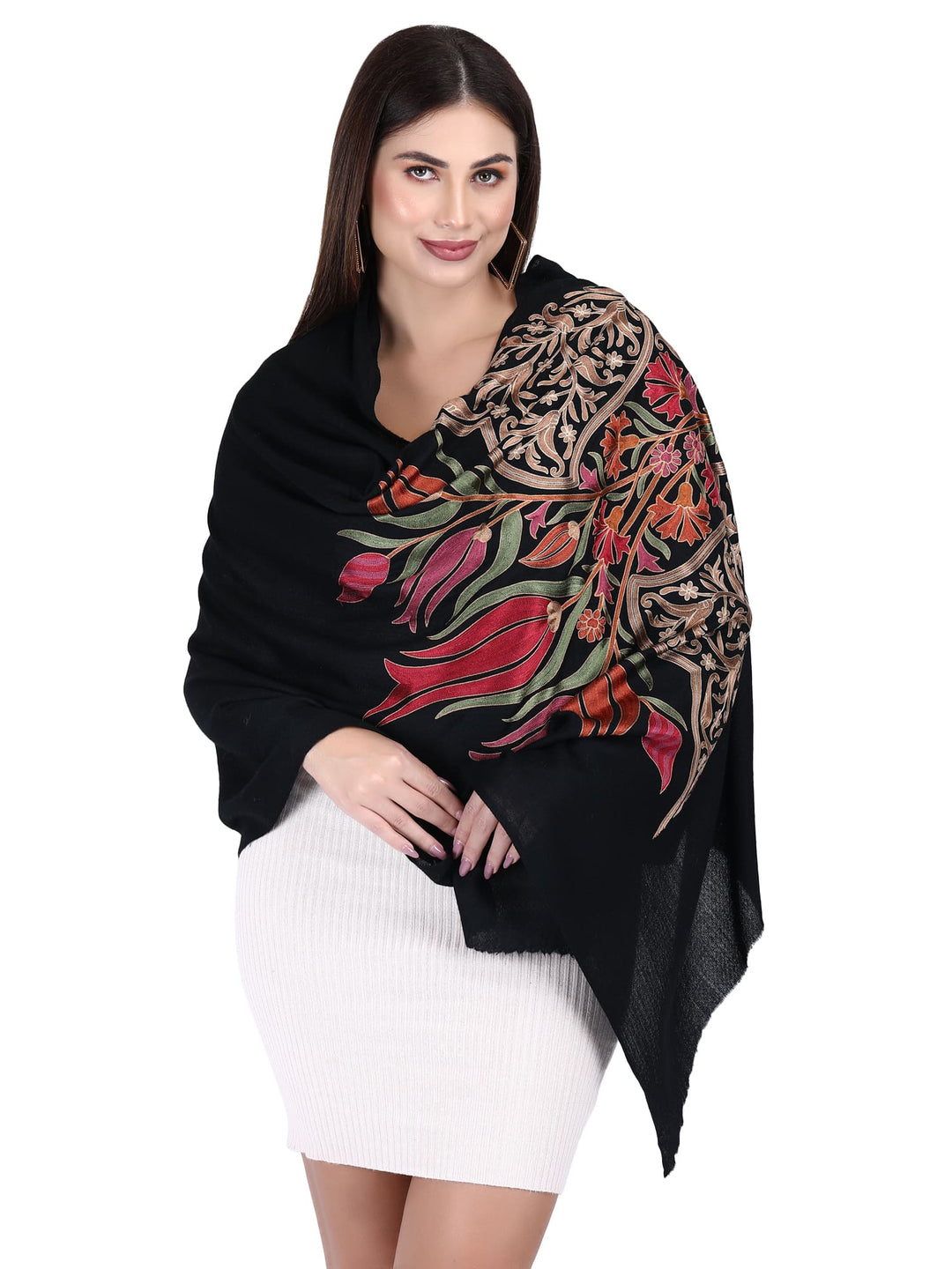 Black Kashmiri Weave Aari Fine Wool Stole- 180