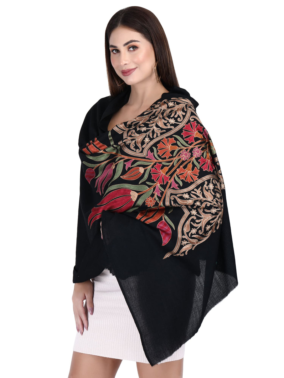 Black Kashmiri Weave Aari Fine Wool Stole- 180