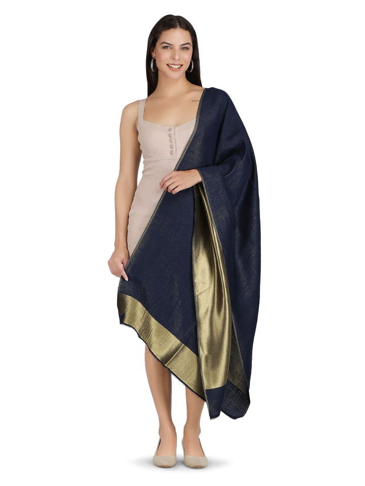 Him/Her Navy Blue Zari Reversible 100% Fine Wool Stole- 181