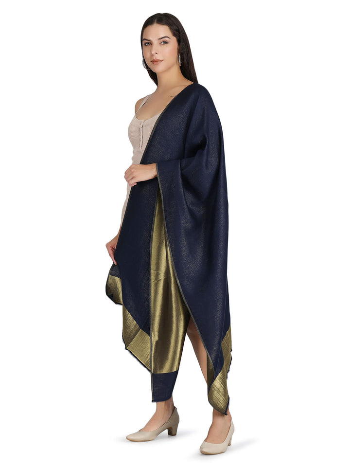 Him/Her Navy Blue Zari Reversible 100% Fine Wool Stole- 181