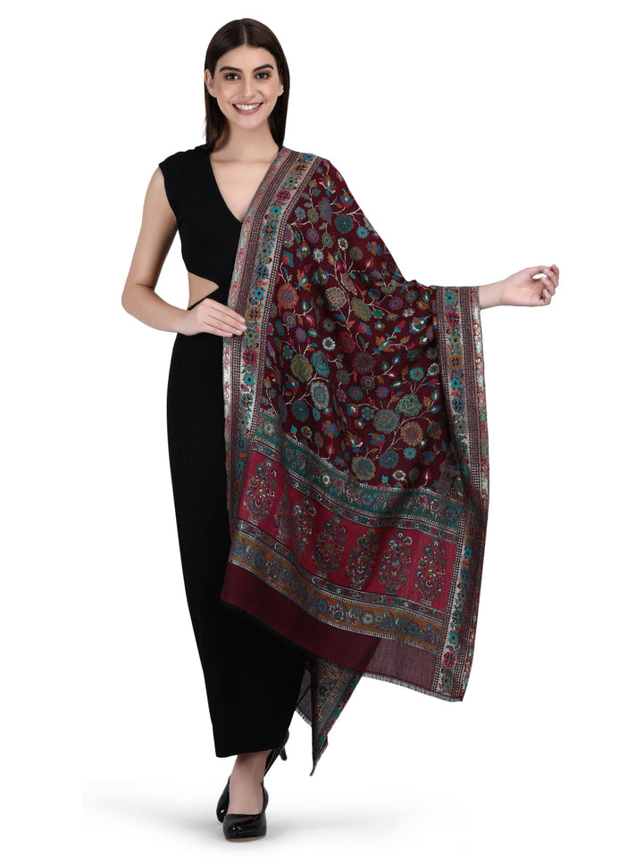 Maroon Kani Zari Acrylic Wool Stole - 186