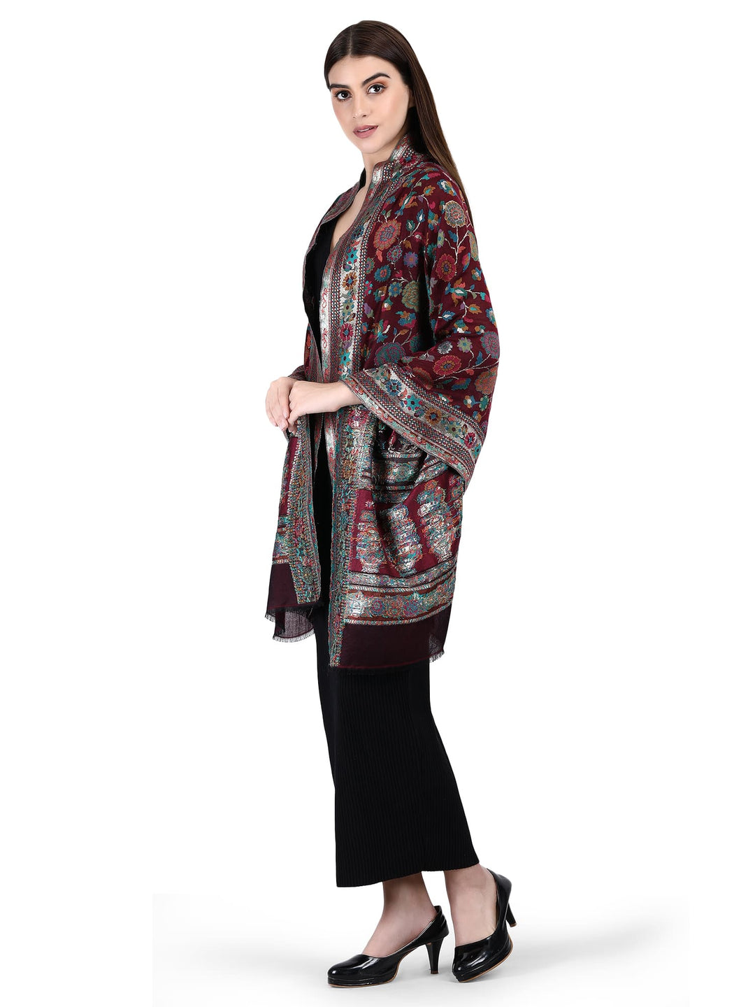 Maroon Kani Zari Acrylic Wool Stole - 186